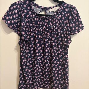 LOFT Dark Blue and Pink Patterned Blouse
